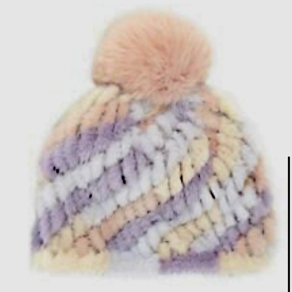 Jocelyn Savage Love Pastel Stripe Mink & Fox Fur Pom-Pom Beanie